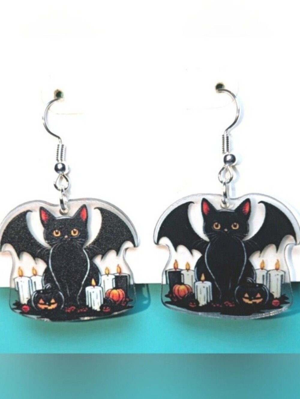 Halloween Black Cat Bat Dangle Earrings – Cute Black Cat Design